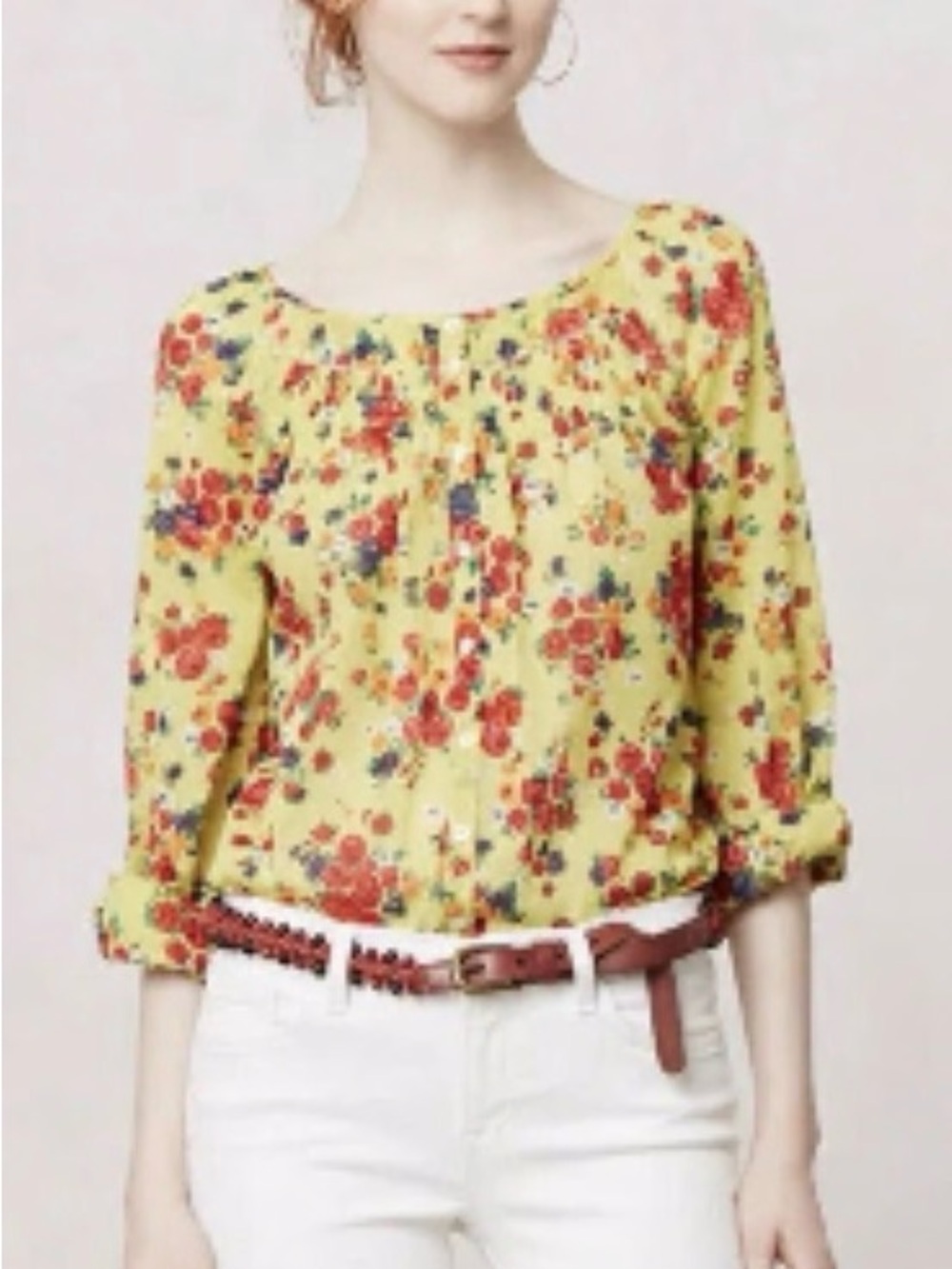 Anthropologie Postage Yellow Floral Peasant Blouse Size 8